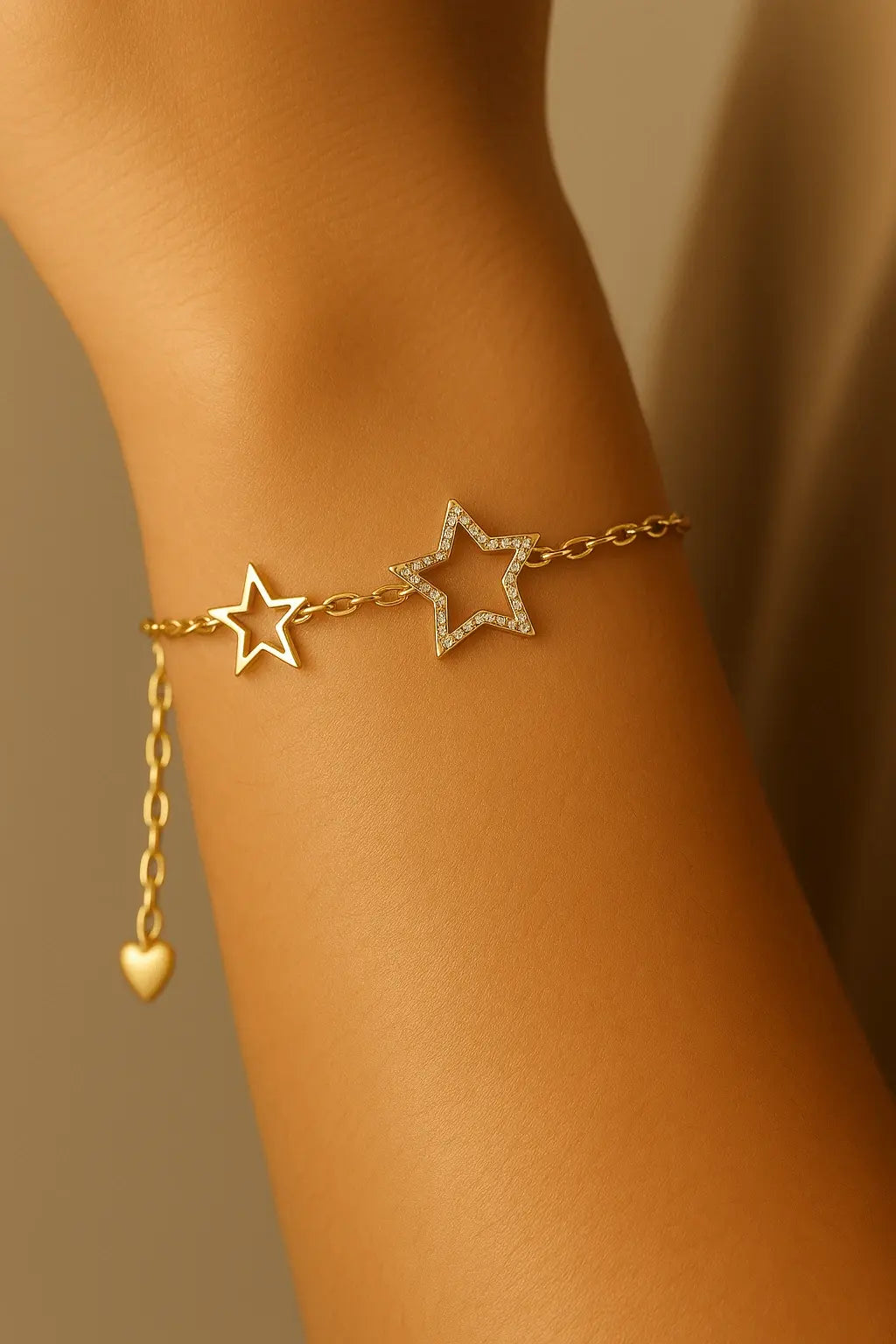 Pulso feminino usando pulseira de estrela dourada estilo sonhador e elegante